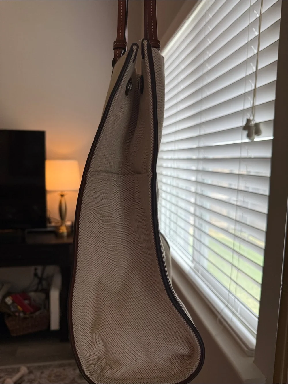 Tory Burch canvas Tote with Brown Leather Trote good condition. Looks great!